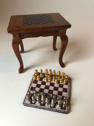 Vitg Dollhouse Miniature Magnetic Chess Set & Wooden Chess Checkers Game Table
