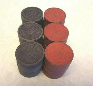 Checkers Set 24 Black Red Wood Embossed Antique Vintage Old Star Sphere No Board