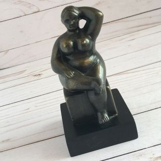 Metal Sculpture Of Nude Woman Portrait Statue Figurine On Pedestal Base Vintage