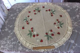 Victorian Old Society Silk Hand Embroidered Roses,  Lace Edged Table Cloth C.  1890