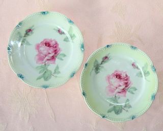 Antique Pk Silesia Porcelain 2 Small Plates Roses Beading Green Luster Germany