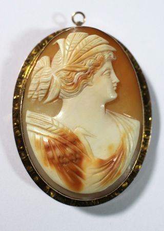 Antique Early 20thC 10kt Gold Hand Carved Woman Cameo Brooch & Pendant,  NR 2