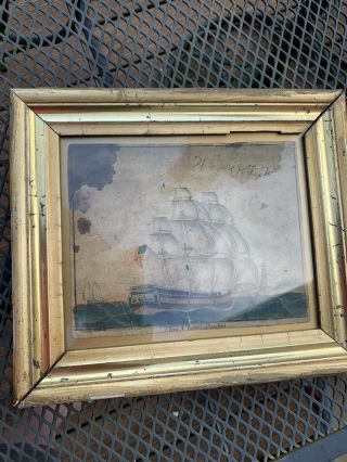 Early 19th Century American Ship W/ Flag Primitive Watercolor Painting