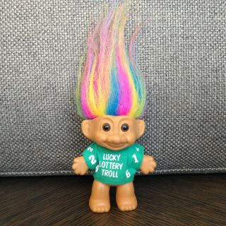 Vintage 4 " Russ Troll Doll Rainbow Hair Lucky Lottery Troll In Green Shirt 1990s