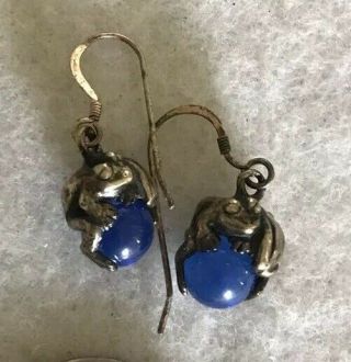 Vintage Blue Crystal Dangle 925 Sterling Silver Frogs Earrings Hook
