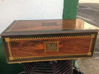 Antique Victorian Burr Walnut Brass Bound Inlaid Writing Slope Box With Inkwells