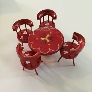 Vintage Miniature Dollhouse 4 Chairs And Table Painted Red W/white Flowers Japan