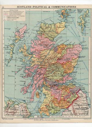 Antique Map Of Scotland Political & Communications George Philip & Sons C1930