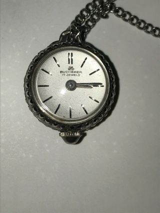 Vintage Bucherer Pendant Pocket Watch 17 Jeweled W/ Chain & Box