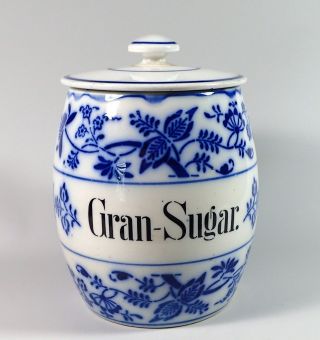 Large German Flow Blue Porcelain " Gran - Sugar " Onion Pattern Kitchen Spice Jar