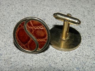 Vintage Men ' s Accessory Gold Tone Cuff Links Leather Inlay 2