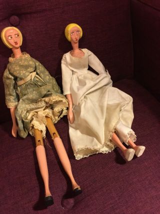 2 Vintage Peg Leg Jointed Wood 17” Dolls