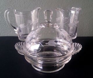 Ripley - Antique Eapg Glass Etched Creamer Sugar & Shell Handle Butter Dish