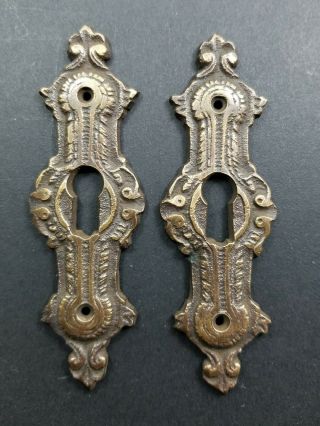 2 Antique Style Brass French Escutcheons Hardware Ornate Keyhole 3 1/4 " E20