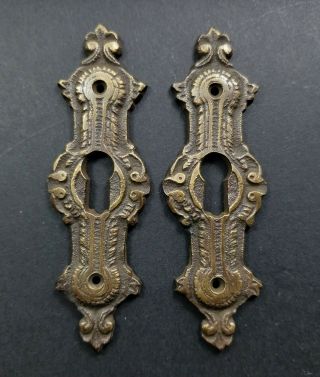 2 Antique Style Brass French Escutcheons Hardware Ornate Keyhole 3 1/4 