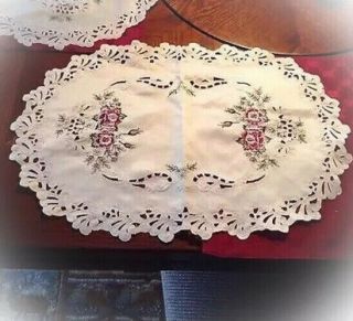 Antique Set Of 2 Victorian Silk Embroidered Doilies Placemats