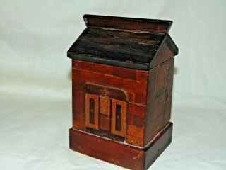 GREAT ANTIQUE 1800 ' s INLAID WOODEN HOUSE DESIGN PUZZLE MONEY BOX FOLK ART 2