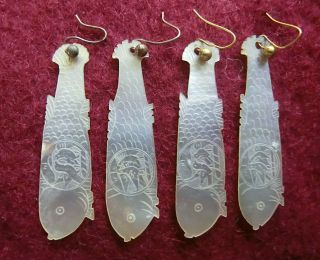 4 X Antique Chinese Mother Of Pearl Fish Gaming Counters Converted To Earrings
