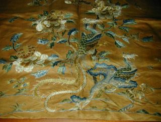 Antique 18thc Chinese Embroidery - 2 Lg Phoenixes W Flowers