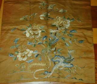 Antique 18thC Chinese Embroidery - 2 LG Phoenixes w Flowers 5