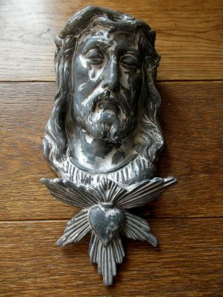 Antique Metal Church Figure Wall Hanging Bust The Sacred Heart Of Jesus Christ