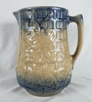 Antique Blue & White Stoneware Milk Pitcher W Lattice & Roses