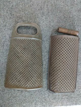 2 Antique Country Kitchen Utensil 8.  5 " Tin Graters 1 Signed Pat.  Pending