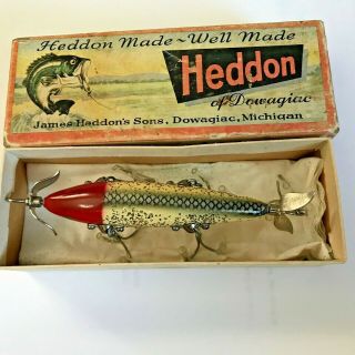 Vintage Heddon 150 Rhf Dowagiac Minnow Red Head White Body,  With Glitter W/box