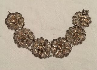 Gorgeous Vintage Antique French? Sterling Silver Filigree Flower Link Bracelet