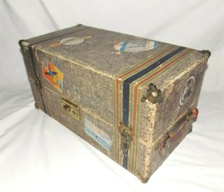 Vintage 1930s Tweed Doll Travel Trunk Wardrobe Case - Old Airline Luggage Labels