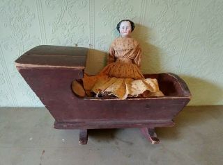 Early Aafa Antique 19th Century Primitive Wooden Hooded Doll Cradle Red