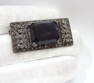 Antique Vintage Art Deco Sterling Silver Marcasite Onyx Pin Brooch