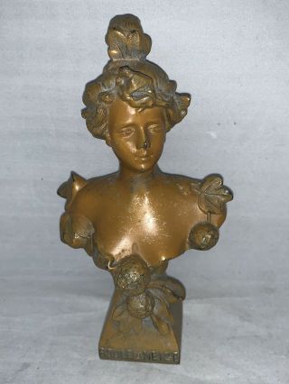 Antique Victorian Art Nouveau Bronze Spelter Bust Lady Boule De Neige French