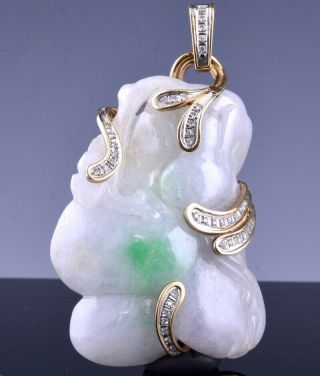 Quality Chinese White Apple Green Jade Jadeite 14k Gold Diamond Pendant