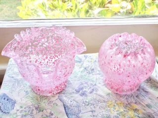 2 Pc Antique Jefferson Art Glass Molded Rose Bowl & Square Bowl - 3d Pink Frit