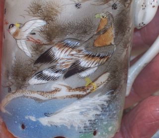 Antique Japanese Egg Shell Porcelain Espresso Cup & Saucer Hand Pntd Hawk Fab