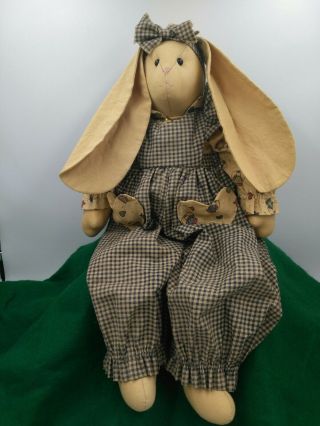 Primitive Handmade Christmas Bunny Rabbit Raggedy Doll Shelf Sitter Blue Gingham