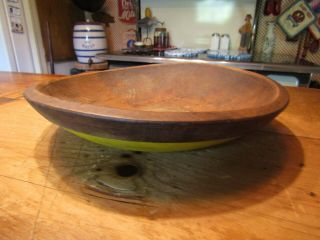 Vintage Primitive Wooden Dough Bowl - 1 " Wide Rim - 10 7/8 " Dia.  - Mustard