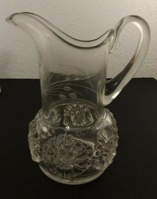 Antique Eapg Rosette Flower Glass Pitcher Etched Design 6 1/4 " Unknown Pattern