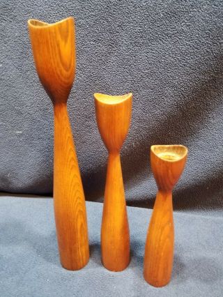 Mid Century Danish Modern Set Of 3 Tulip Candle Holders Teak Wood