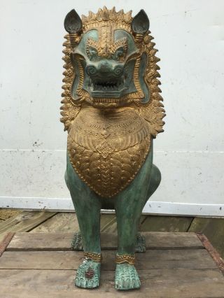 Antique Chinese Cambodia Asian Khmer Lion Foo Dog - Bronze Metal - Large