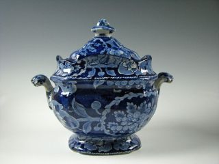 Antique Dark Blue Staffordshire Fruit And Flower Pattern Sugar Bowl Circa 1825