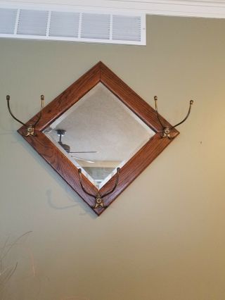 Antique Victorian Oak Hat Rack Beveled Wall Hall Tree Mirror 3