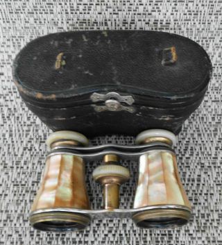 Antique Chevalier Mother Of Pearl & Brass Opera Glasses W / Case Paris France