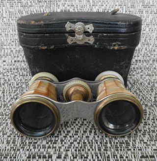 Antique Chevalier Mother of Pearl & Brass Opera Glasses W / Case Paris France 2