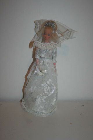 Vintage Barbie Doll In Wedding Dress With Stand