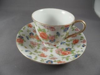 Antique Occupied Japan Merit China Demitasse Cup And Saucer Floral Chintz
