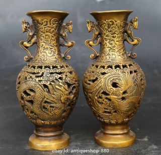 6.  7 " Pretty Chinese Bronze Dragon Phoenix Hollow Out Bottle Vase Jar Flask Pair