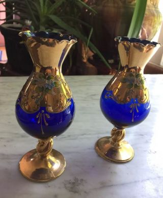Pair Antique Moser Cobalt Blue Stemmed Vases W Gold & Floral Enamel Details