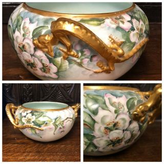 Antique Belleek & Willets Dragon Handled Bowl,  Handpainted,  Gold Gilt